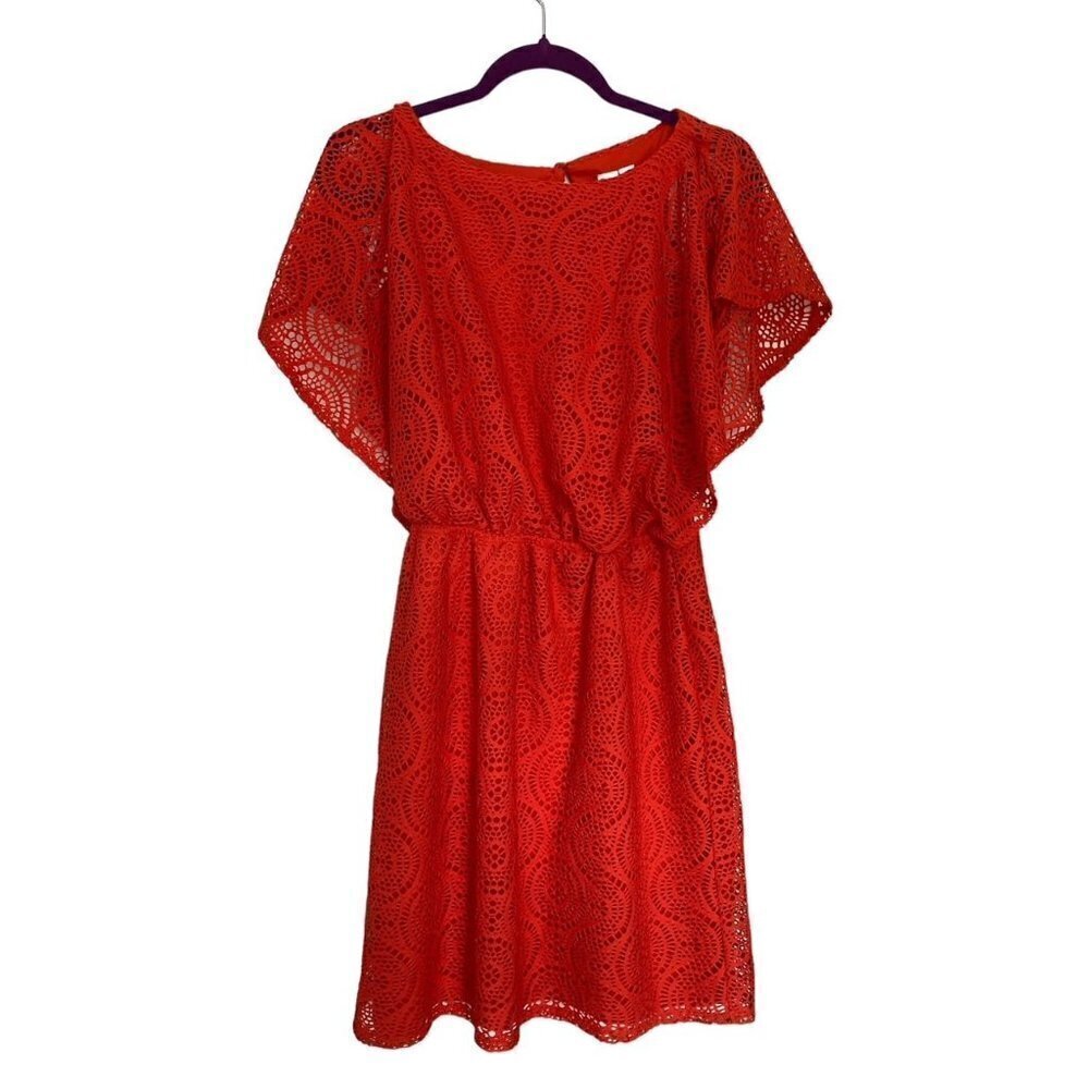 Emma & Michele Coral Red Crocheted Flutter Sleeve Dress with Slip Size 6